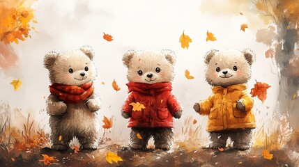 Wall Mural - Three adorable teddy bears wearing warm clothes are playing in an autumn forest, enjoying the vibrant colors and falling leaves