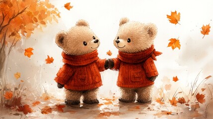 Canvas Print - Two teddy bears wearing knitted sweaters are holding hands while walking outdoors on a beautiful autumn day with falling leaves