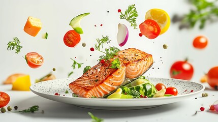 Wall Mural - A vibrant dish of grilled salmon served with fresh vegetables and garnished with herbs, showcasing a healthy and delicious meal with ingredients flying around.