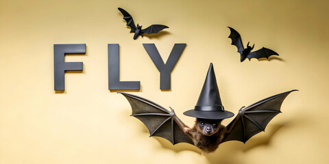 Wall Mural - 3D Bat and Witchs Hat with Fly Text concept as An isolated vector featuring a bat and a witchs hat with the word Fly in a sleek modern font. The elements are set against a white background perfect for