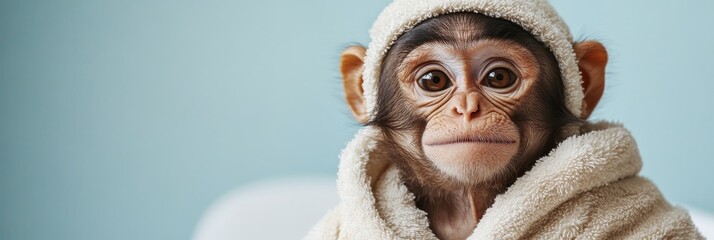 Adorable Baby Monkey Wrapped in a Towel - A cute baby monkey wearing a towel, symbolizing innocence, cleanliness, playfulness, relaxation and warmth.