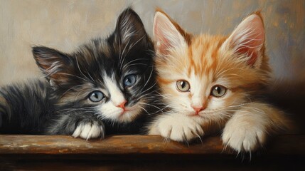 Adorable Kittens Posing Together for a Sweet Portrait - Two adorable kittens, one black and white and one orange and white, are looking at the camera with curious expressions. They are resting their p