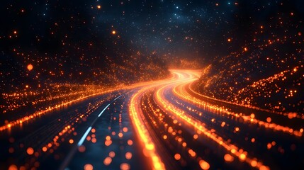 Polished 3D image of an abstract road with graphic lines of communication networks and a subtly blurred backdrop.