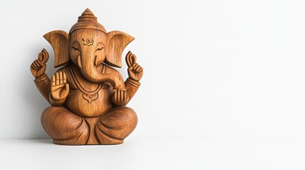 A beautifully carved wooden statue of Ganesha, symbolizing wisdom and prosperity, displayed against a minimalist white background.