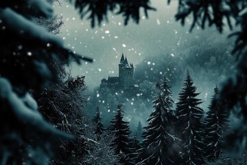 Dark creepy spooky nature, winter season pine trees and snowy landscape. Castle spire behind coniferous trees branches. Wintery cold weather wallpaper , ai