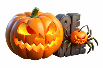 3D Jack o Lantern and Spider with Beware Text concept as An isolated vector featuring a glowing jack o lantern with a spider crawling beside it and the word Beware in a bold scary font. The elements a