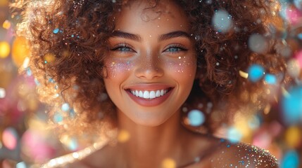 young woman with glitter makeup smiles brightly at a vibrant carnival, fully immersed in the festive