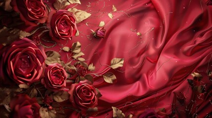 Sticker - Red roses with golden accents on a red satin fabric, with a focus on the textures and colors