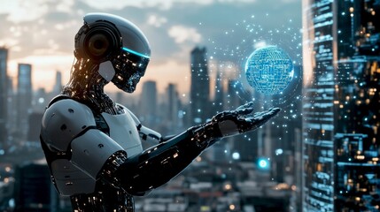 Aufkleber - A futuristic robot stands in an urban setting, holding a glowing holographic sphere. The city skyline creates an impressive backdrop. Technology meets art in this captivating scene. AI