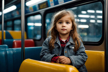 Pretty little girl rides bus of public modern transport looking away. Child in metropolitan transport, sitting on seat, looks out window. Concept of public transport and urban lifestyle. Copy space