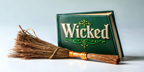 3D Witchs Grimoire and Broom with Wicked Text concept as An isolated vector featuring a witchs grimoire and broom with the word Wicked in a playful spooky font. The elements are set against a white ba