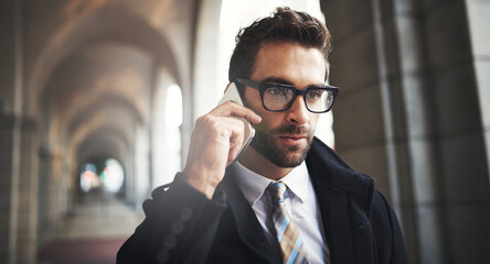 Poster - Business man, phone call and thinking in city for travel, communication and networking with contact. Urban, male person or lawyer with mobile for interaction, ideas and listening to client in commute