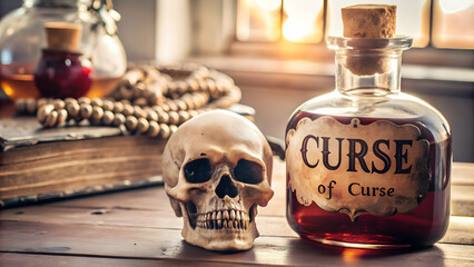 3D Witchs Potion Bottle and Skull with Curse Text concept as An isolated vector featuring a witchs potion bottle and a skull with the word Curse in a gothic font. The elements are set against a white 