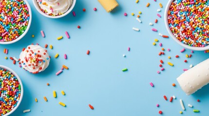 Flat lay of colorful sprinkles, mini cupcakes, and rolling pin on a blue background, leaving space for copy.