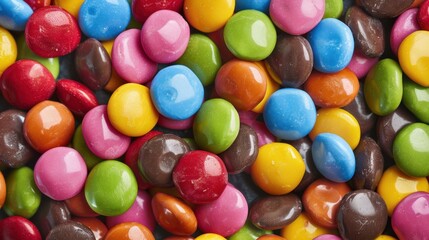 A close-up of a handful of candy-coated chocolates in a variety of bright colors, scattered across a surface