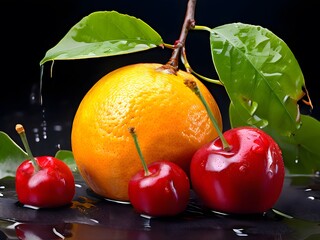 Poster - fruits on a black background. oranges in water. fruit photography. fruits in water. apple and oranges.