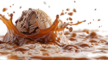 Splash with ball of chocolate ice cream inside, light background. Delicious milk food, sweet summer treat. Close-up