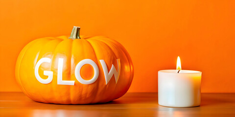 Flat Jack o Lantern and Candle with Glow Text concept as An isolated vector featuring a glowing jack o lantern and a candle with the word Glow in a warm inviting font. The elements are set against a w