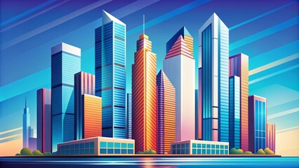 Stylized modern architecture illustration featuring a sleek, geometric skyscraper with bold lines, vibrant colors, and abstract shapes against a bright blue city skyline background.