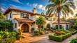 © Four888 - Sun-kissed Spanish-style abode with stucco exterior, clay-tiled roof, and lush greenery, nestled among palm trees in a quintessential Southern California neighborhood setting.