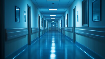 an empty hospital hallway at night, dimly lit, evoking a sense of loneliness and quiet reflection, w