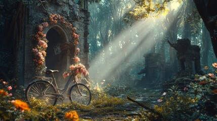 Sticker - A serene bicycle rests near a floral archway in a lush forest scene. Sunlight filters through the trees, creating a magical atmosphere. This enchanting setting invites exploration. AI