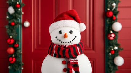 Wall Mural - A snowman is standing in front of the red door, wearing festive and a scarf, surrounded by Christmas decorations 