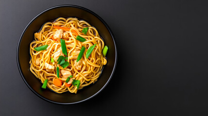 Artistic top-down view of chicken noodles neatly swirled in a dark ceramic bowl vibrant green onions and carrots pop against the golden broth minimalist design 