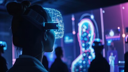 Poster - A futuristic tech conference with holographic presentations and interactive AI-driven displays