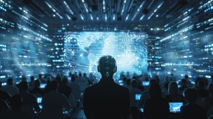 Poster - A futuristic tech conference with holographic presentations and interactive AI-driven displays