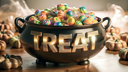 Holographic Candy and Cauldron with Treat Text concept as A vibrant glowing holographic candy and cauldron with the word Treat in a playful spooky font. The design is isolated on a white balance backg