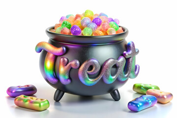 Holographic Candy and Cauldron with Treat Text concept as A vibrant glowing holographic candy and cauldron with the word Treat in a playful spooky font. The design is isolated on a white balance backg