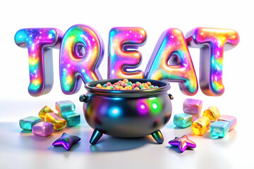 Holographic Candy and Cauldron with Treat Text concept as A vibrant glowing holographic candy and cauldron with the word Treat in a playful spooky font. The design is isolated on a white balance backg