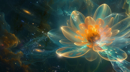 Wall Mural - a glowing flower with petals made of stardust, floating in the cosmic void, with distant galaxies in