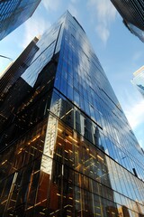 A modern skyscraper stands tall against the blue sky, showcasing sleek glass architecture in the bustling downtown business district.