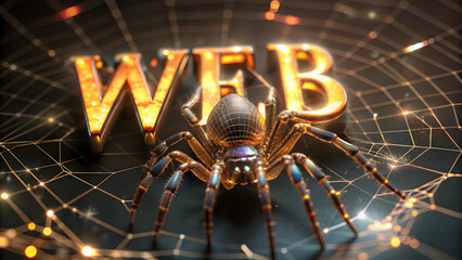 Holographic Spider and Web with Web Text concept as A vibrant glowing holographic spider and web with the word Web in a spooky dripping font. The design is isolated on a white balance background perfe