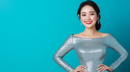 Happy Asian female model in a sparkling silver Christmas dress with festive accessories hands on hips glowing smile subtle blue to white gradient background empty space for text 