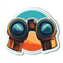 Sticker of a pair of binoculars in circle shape, flat vector illustration, on white background, digital sticker, clipart, icon 