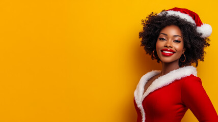 Wall Mural - Joyful African American female fashion model posing in a festive red Christmas outfit with white fur trim on a soft gradient background shades of red and gold empty space for text 