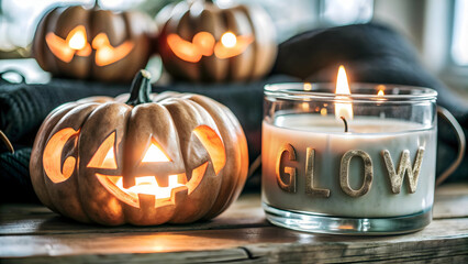 Jack o Lantern and Candle with Glow Text concept as An isolated vector featuring a glowing jack o lantern and a candle with the word Glow in a warm inviting font. The elements are set against a white 