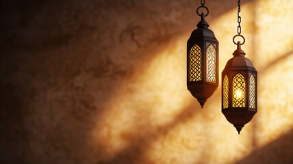 Sticker - Lanterns with warm, glowing light hanging from above, casting shadows on a textured background with delicate Arabic calligraphy, capturing Eid al-Adha ambiance 