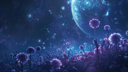 Wall Mural - a cluster of glowing flowers, their stems reaching up toward the stars, growing in the shadow of a m