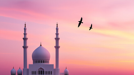 Poster - Majestic mosque silhouette at sunrise, with soft pastel colors in the sky and birds flying overhead, evoking Eid al-Adha peace and reflection 