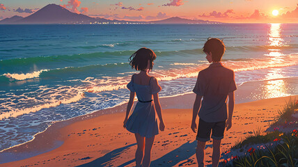 beach, sunset, sea, couple, ocean