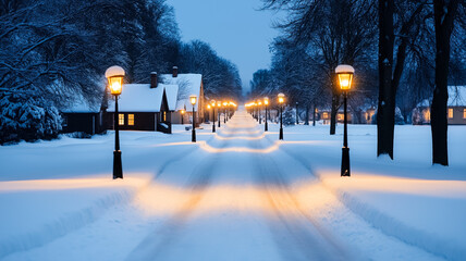 Wall Mural - Quaint village street lined with snow-covered cottages, glowing with warm light, twinkling street lamps casting a soft glow, and gentle snowfall in a nostalgic Christmas atmosphere 