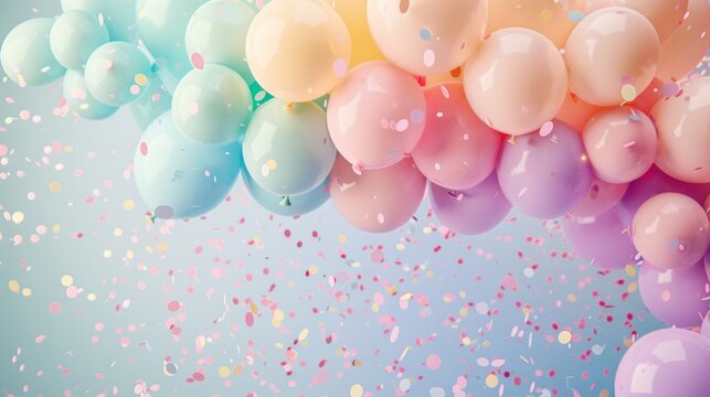 A pastel rainbow of balloons with matching confetti, arranged in a cascading pattern for a dreamy birthday design