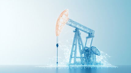 oil pumping machine, oilfield extraction, modern technology , holographic projection, blue line.