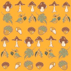 Wall Mural - seamless pattern with pumpkins autumn, leaf fall, different types of mushrooms, leaves, chestnut set, food, icon, illustration, summer, collection, beach, cartoon, symbol, design, autumn, tree, leaf, 