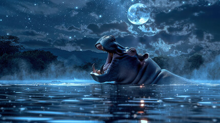 Wall Mural - A massive hippo roaring at the edge of a serene, moonlit lake, its reflection shimmering in the water