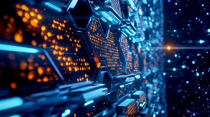 Fototapete - A futuristic background featuring glowing hexagonal shapes. The vibrant orange and blue colors create a dynamic tech-inspired look. Perfect for digital art or technology projects. AI